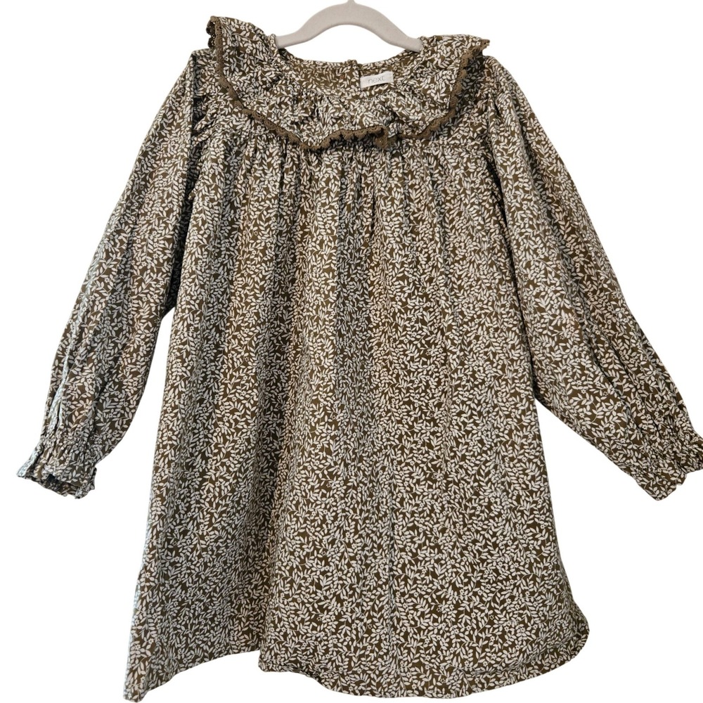Next Kids Olive Green Floral Leaf Ruffle Collar Cotton Dress Size 5-6 Years